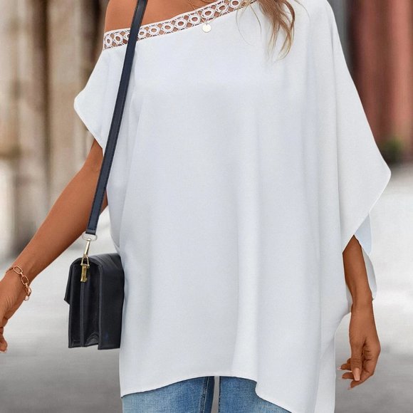 White Boho Womens Guipure Lace Trim Asymmetrical Neck Batwing Sleeve Blouse - Picture 5 of 5